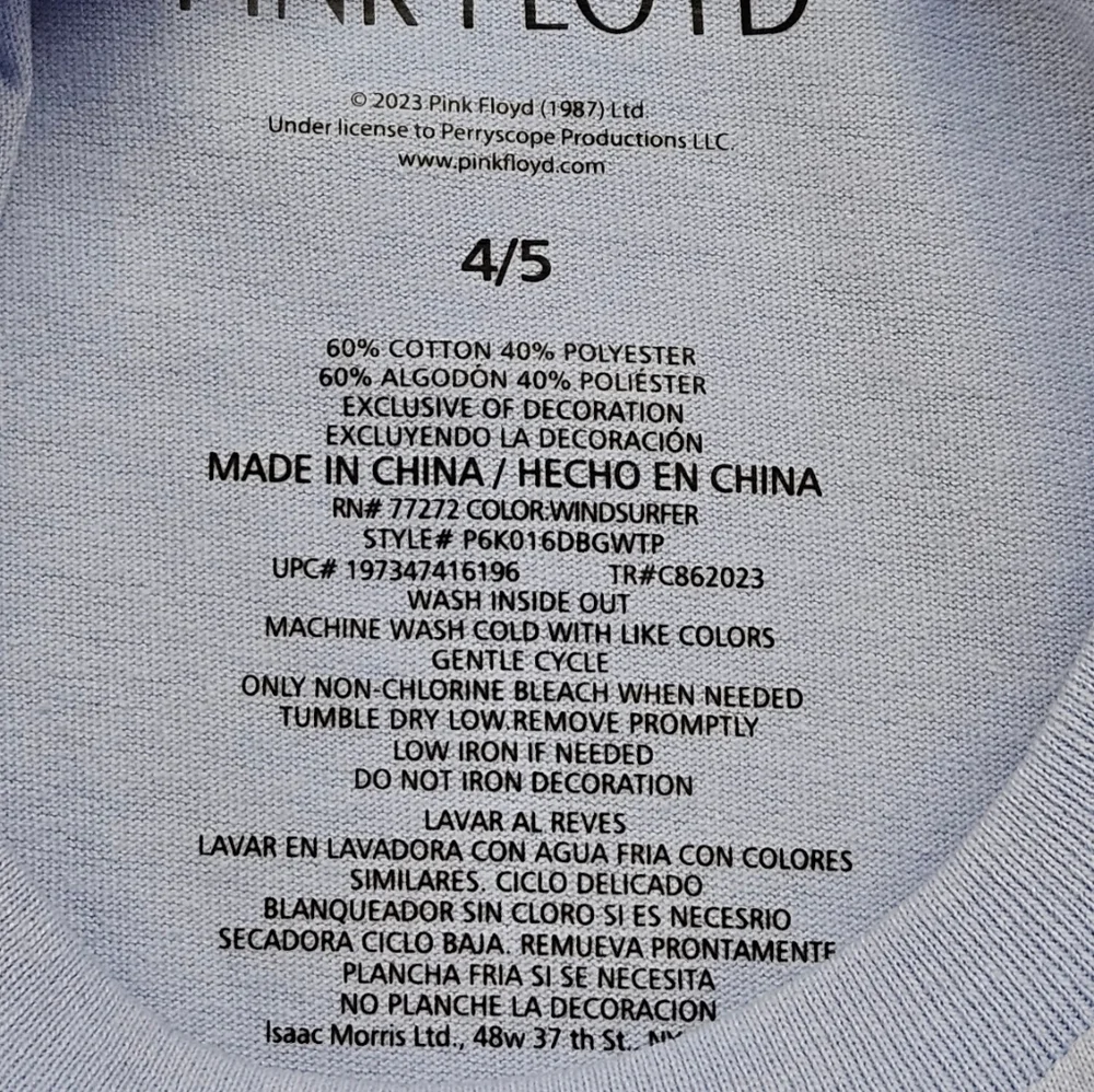 Pink Floyd Dark Size Of The Moon T Shirt In Ice Blue Girls Size 4/5 NWT